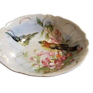 Vintage Hand Painted Bowl Birds Flowers 9.5” Serving Decor Fruit Gift Collector